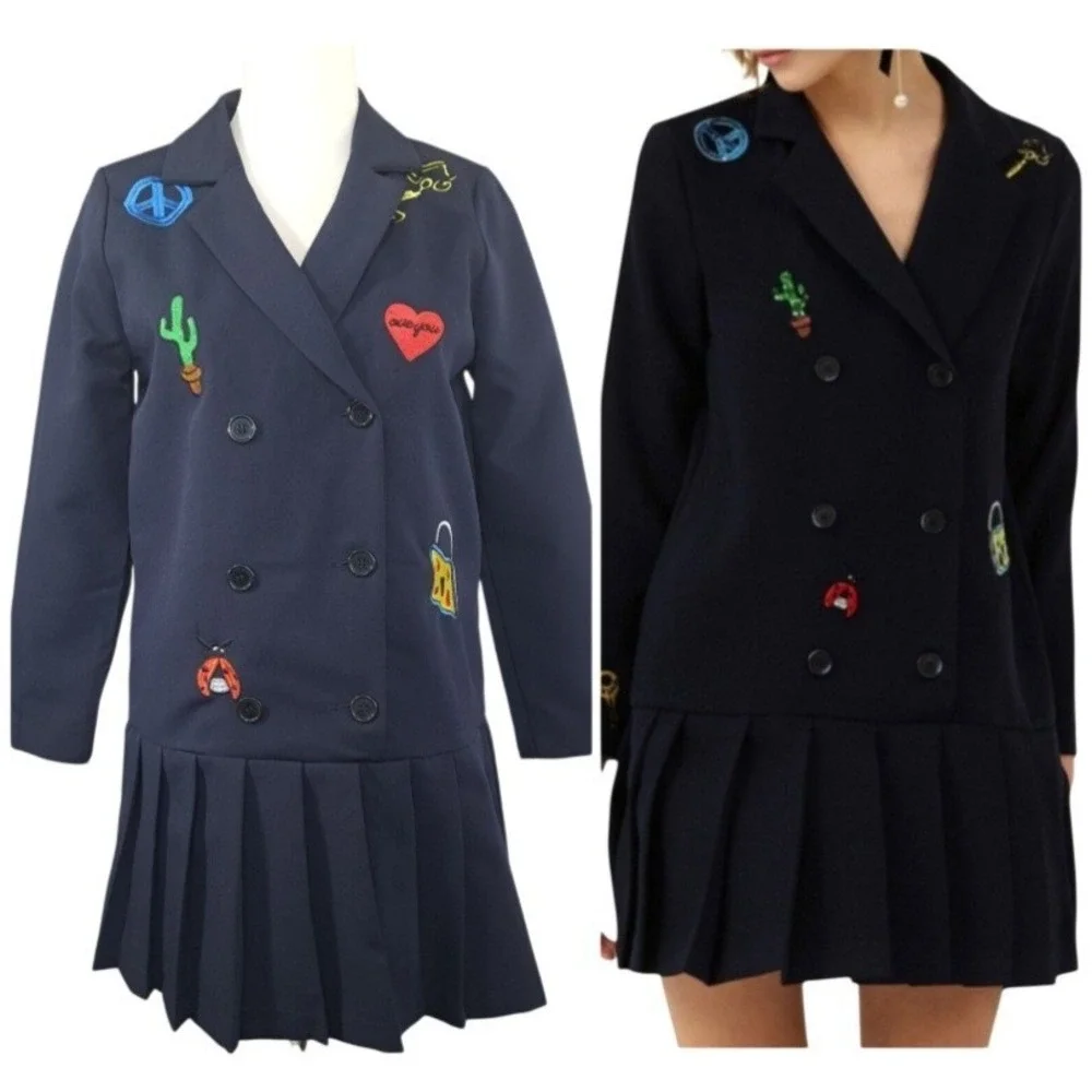 Blanc Jo Studio Blazer‎ Dress Medium Blue Embroidered Double Breasted Pleated